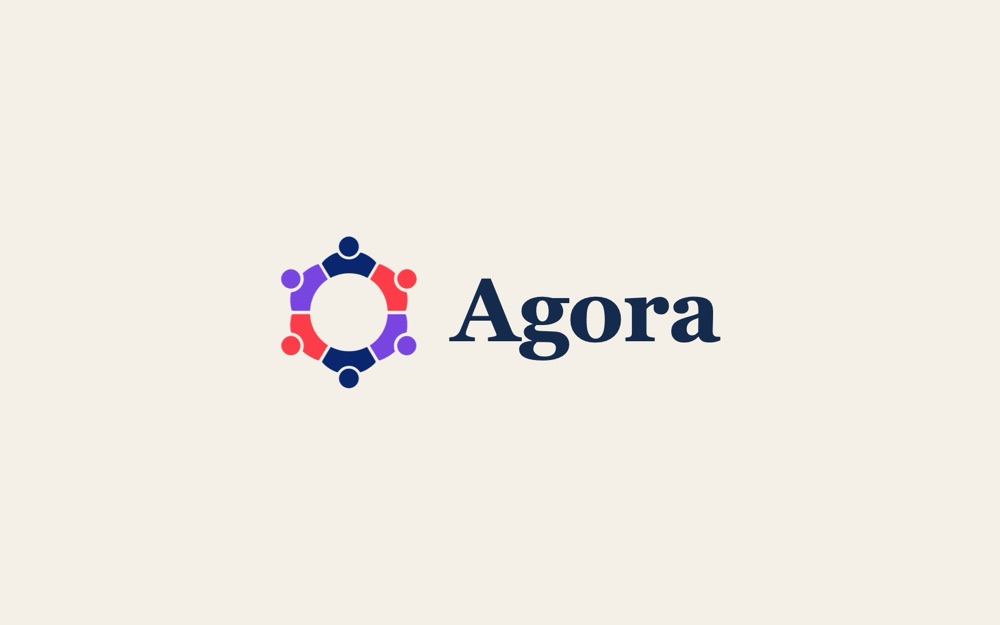 Agora’s circular seating logo beside the Agora name on an ivory background.