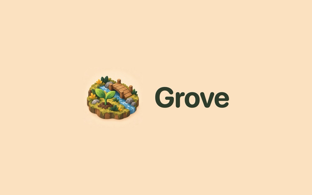 Grove’s illustrated island-and-sapling app icon beside its name on a warm cream background.